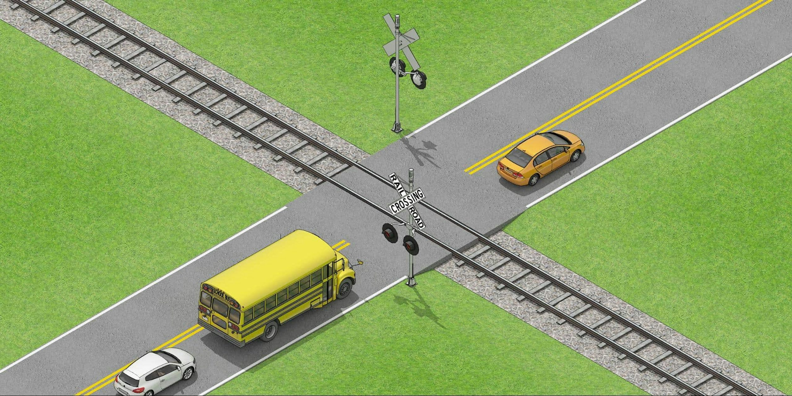 a school bus stopped before railroad crossing
