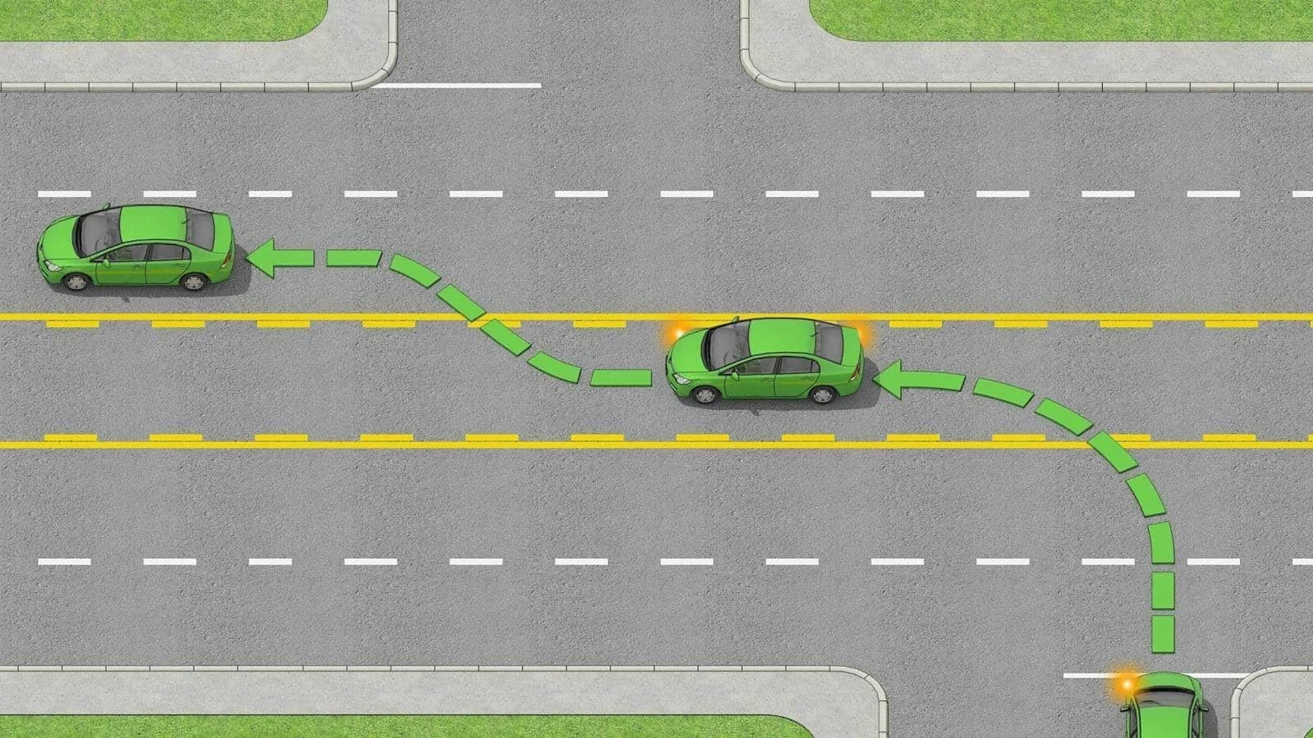 The green car is using the center turn lane to enter the main road