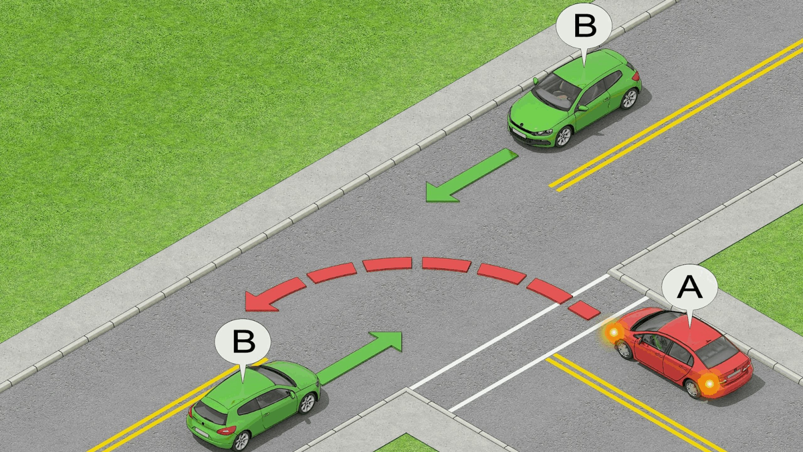 The green cars have the right-of-way at this T-intersection