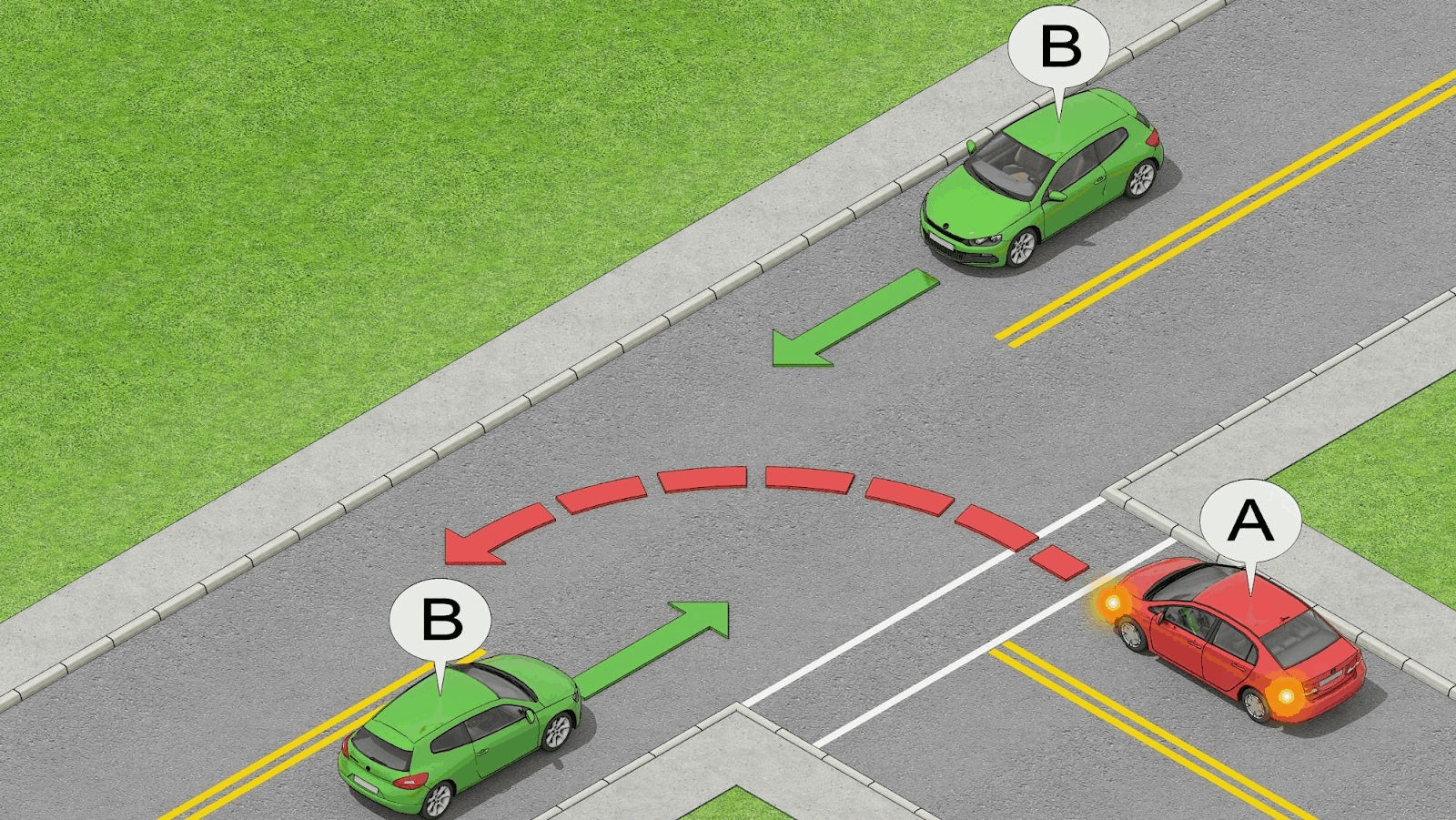 The green cars have the right-of-way at this T-intersection