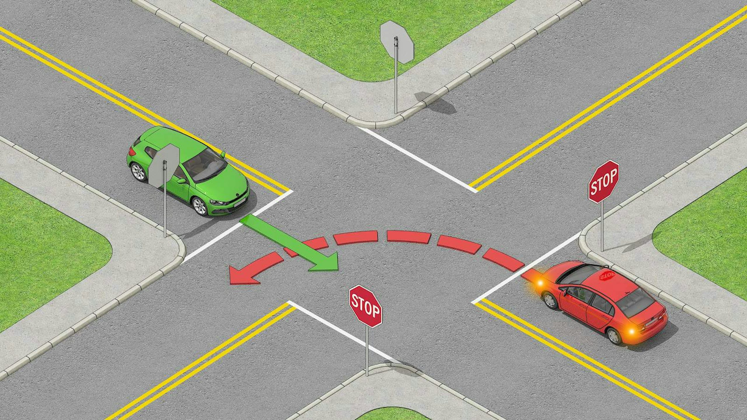 The red car must yield to the oncoming green car