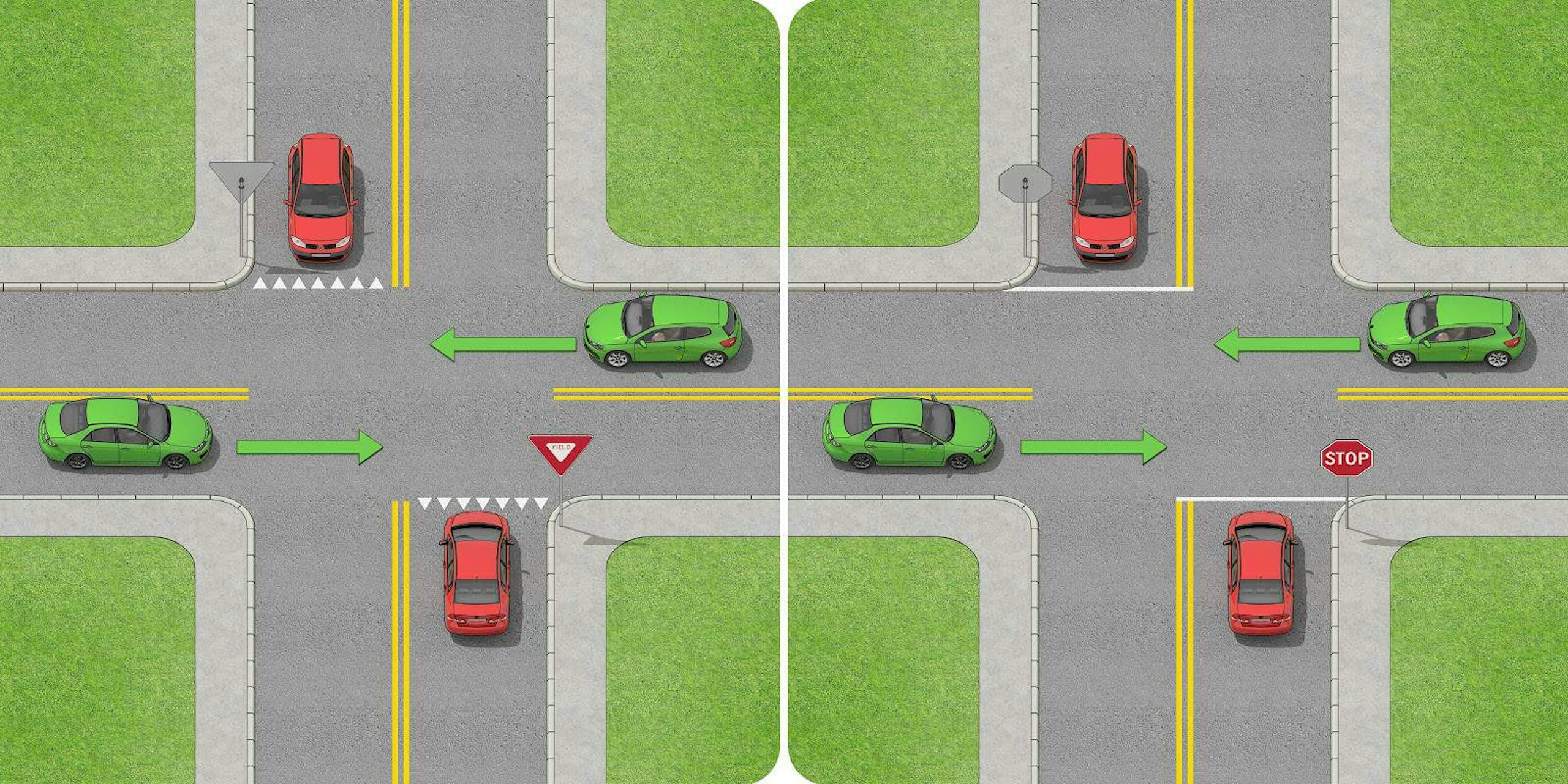 The red cars must yield to any traffic not facing STOP/YIELD signs.