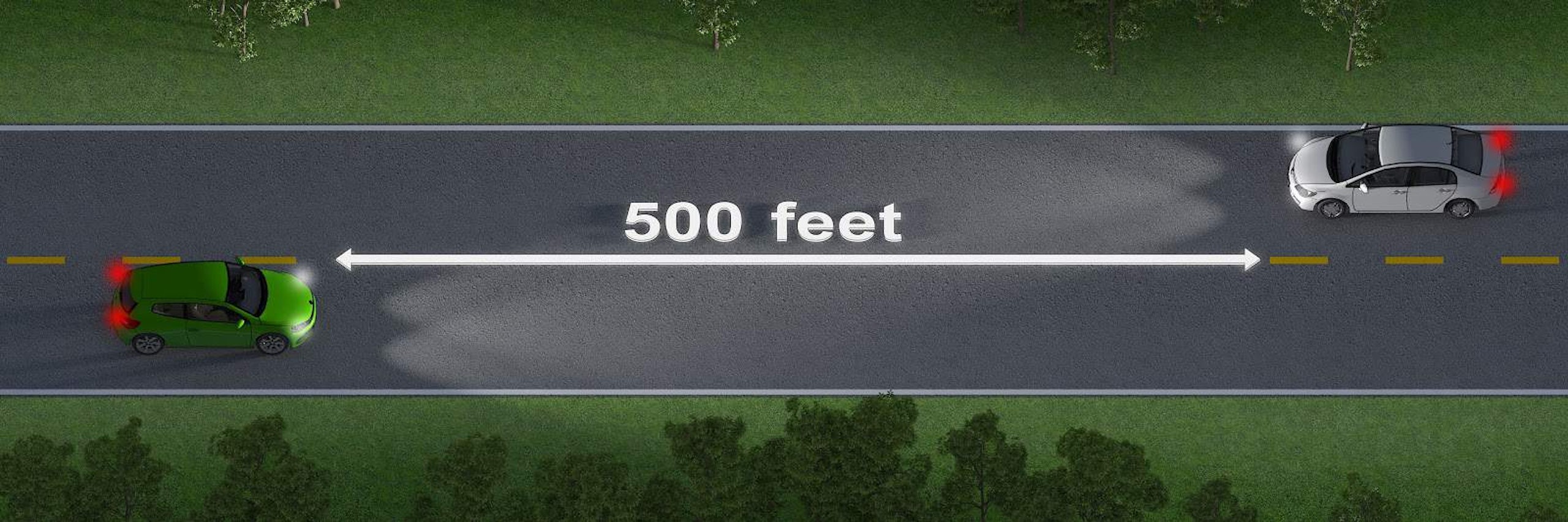 You must dip your headlights to low beam when an oncoming vehicle is within 500 feet