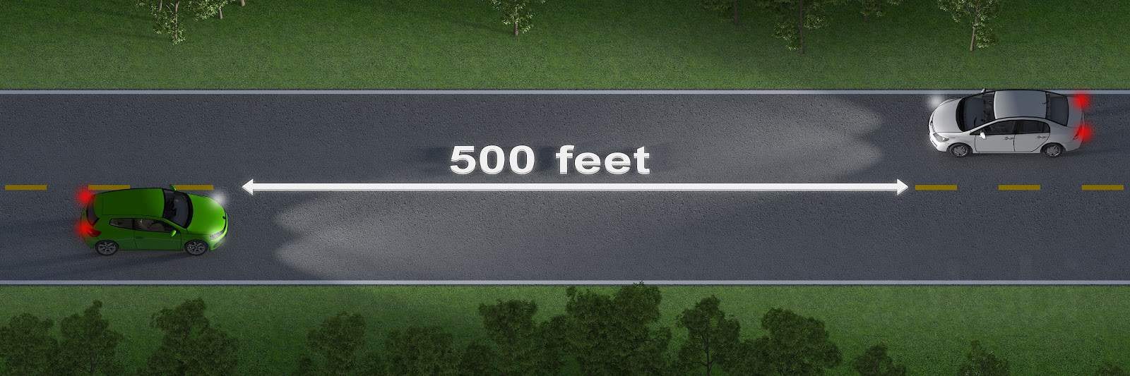 You must dip your headlights to low beam when an oncoming vehicle is within 500 feet