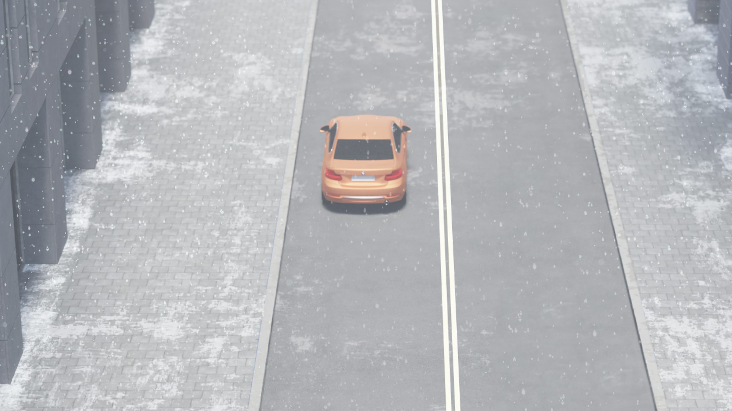 An orange car driving during winter in the UK