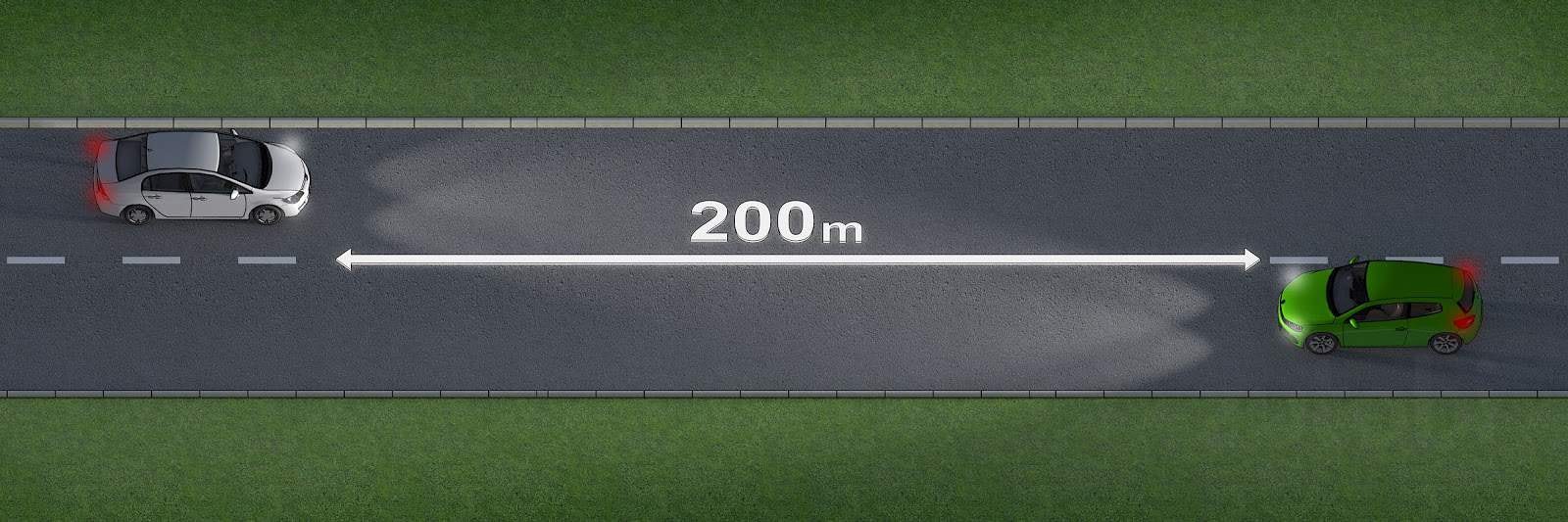 You must change to low beam when an oncoming vehicle is within 200m