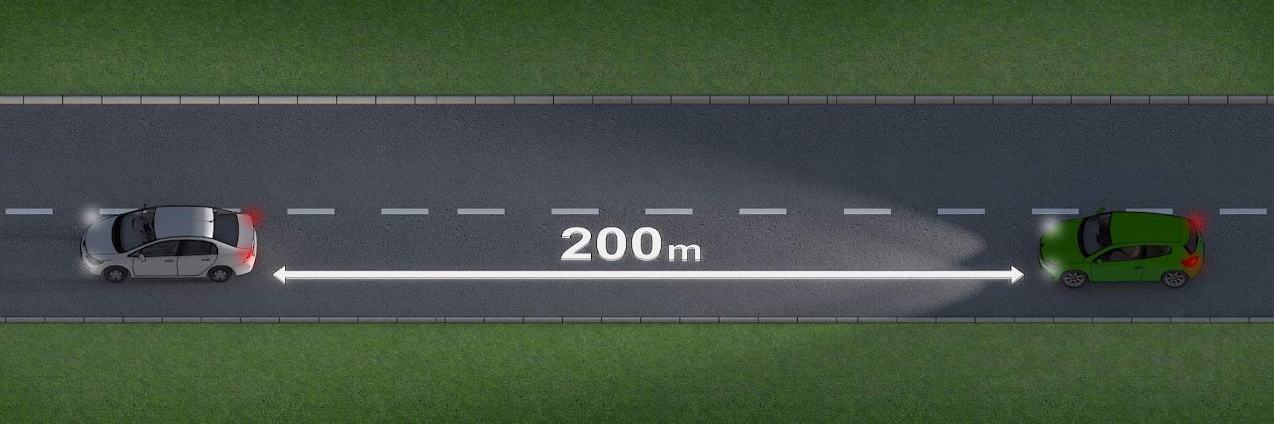 You must change to low beam when driving 200m or less behind another vehicle