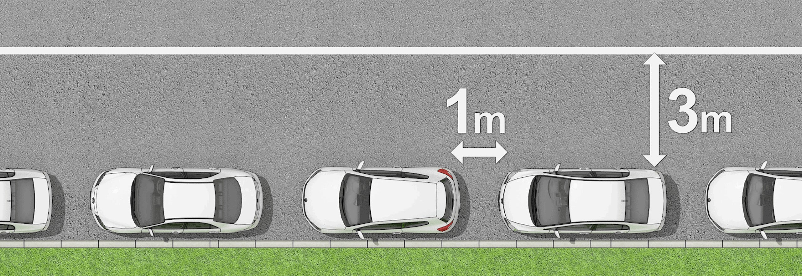 Look for 1m between each car and at least 3m to the solid white centre line